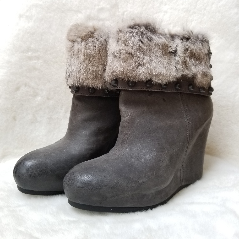 Beautiful ASH Rabbit Fur Trimmed Uranus Wedge Bootie Grey Ankle Boot US 8